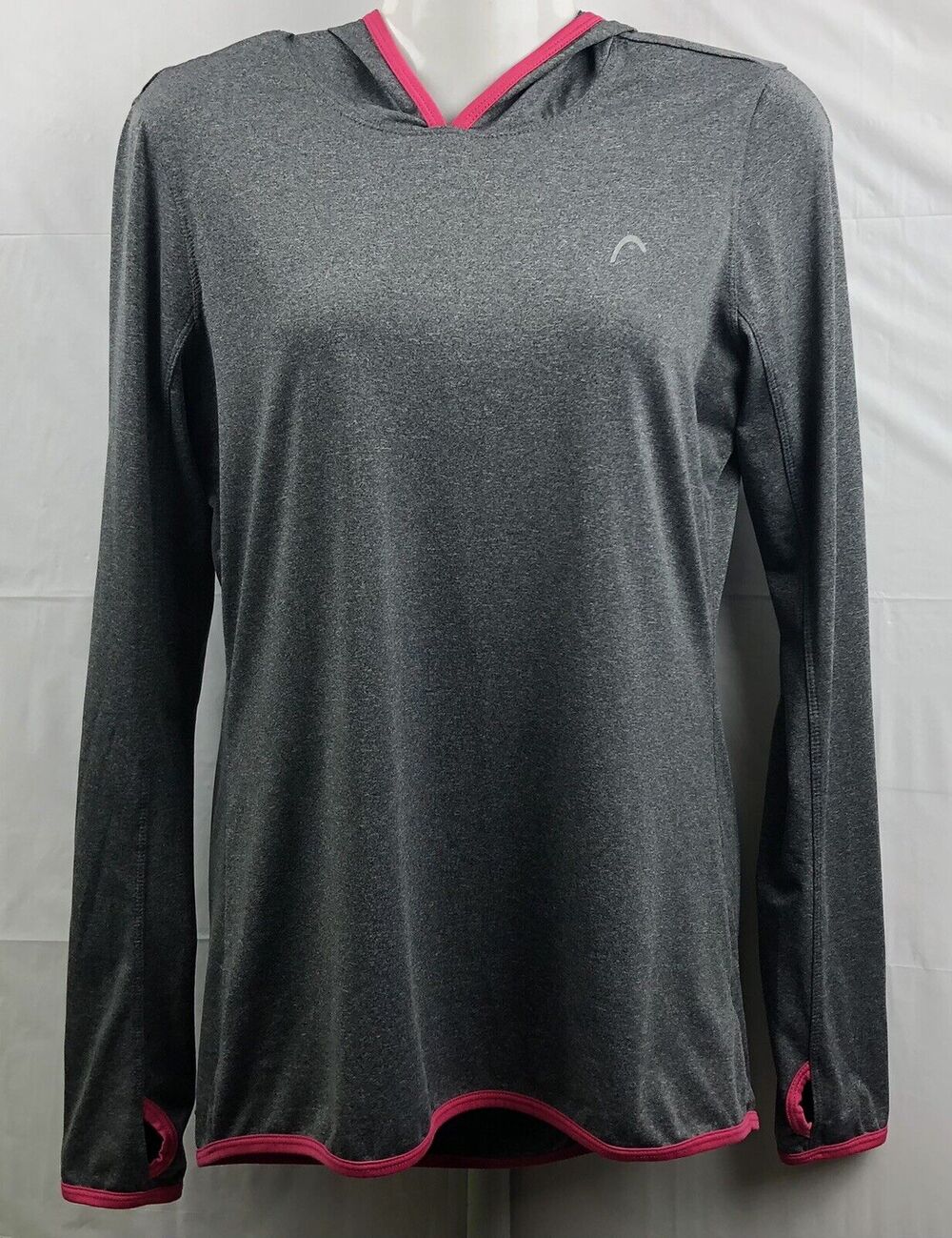 Head Hooded Top Women Small Grey Pink Trim Logo Long Sleeves Thumb Holes Stretch